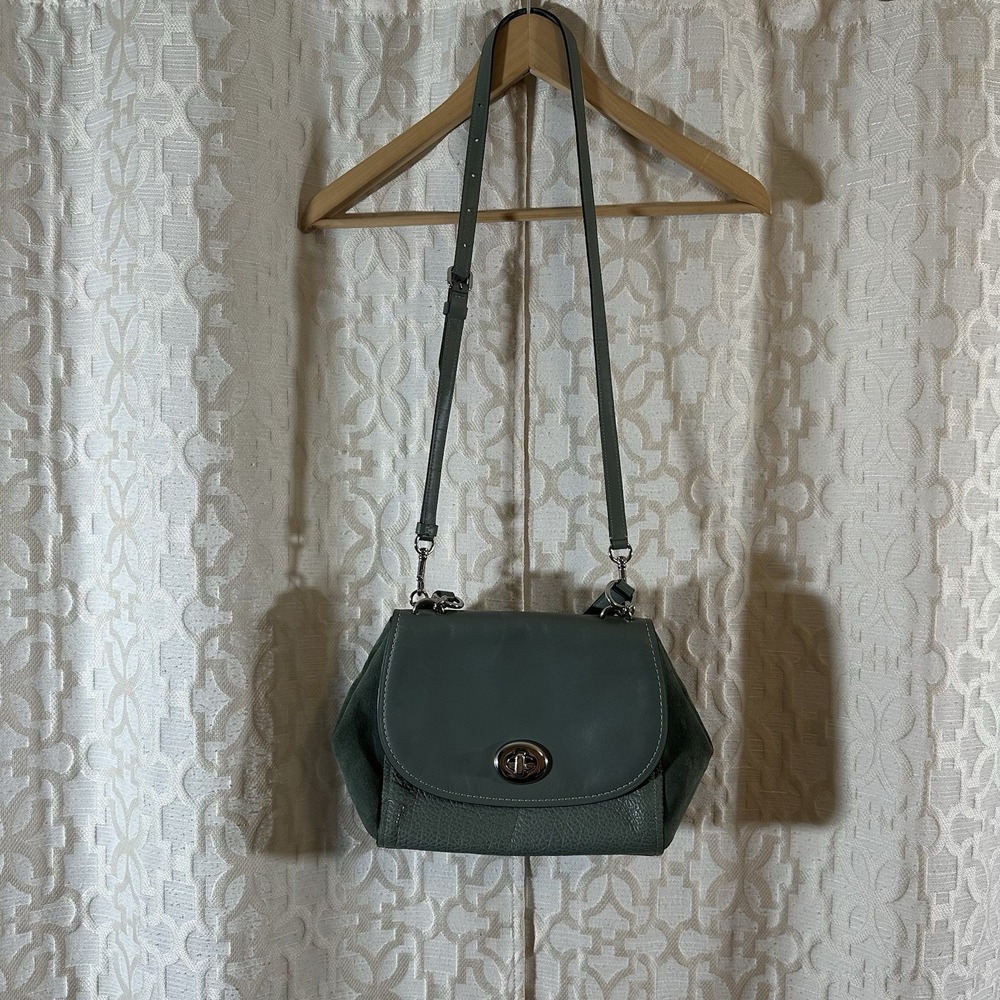 COACH Suede & Leather FAYE Mixed Material Satchel Carryall Leaf Teal Blue #22348